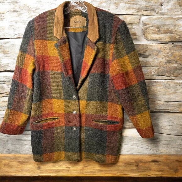 Vintage 80sWoolrich Jacket Wool Mohair Autumn Plaid Leather Collar Women's M USA - Picture 2 of 10
